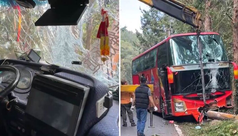 南投遊覽車往杉林溪「自撞車頭全毀」卡懸崖「駕駛竟離奇失蹤」警消到場破門後全場傻眼！