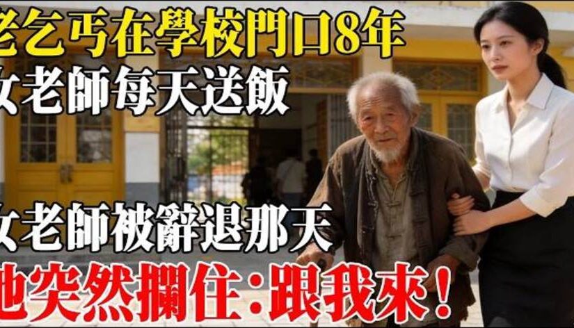 老乞丐在學校門口8年，女老師每天送飯，女老師被辭退那天，他突然攔住：跟我來！