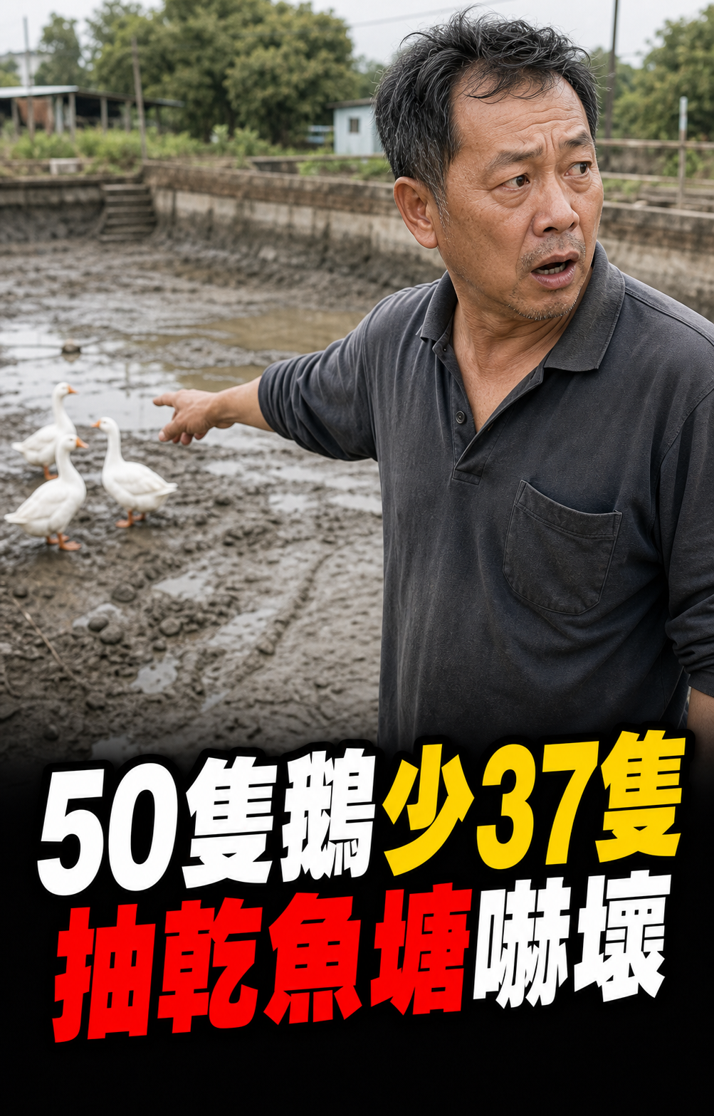 苗栗塘主50隻鵝少了37隻,抽乾魚塘後看見真相嚇壞