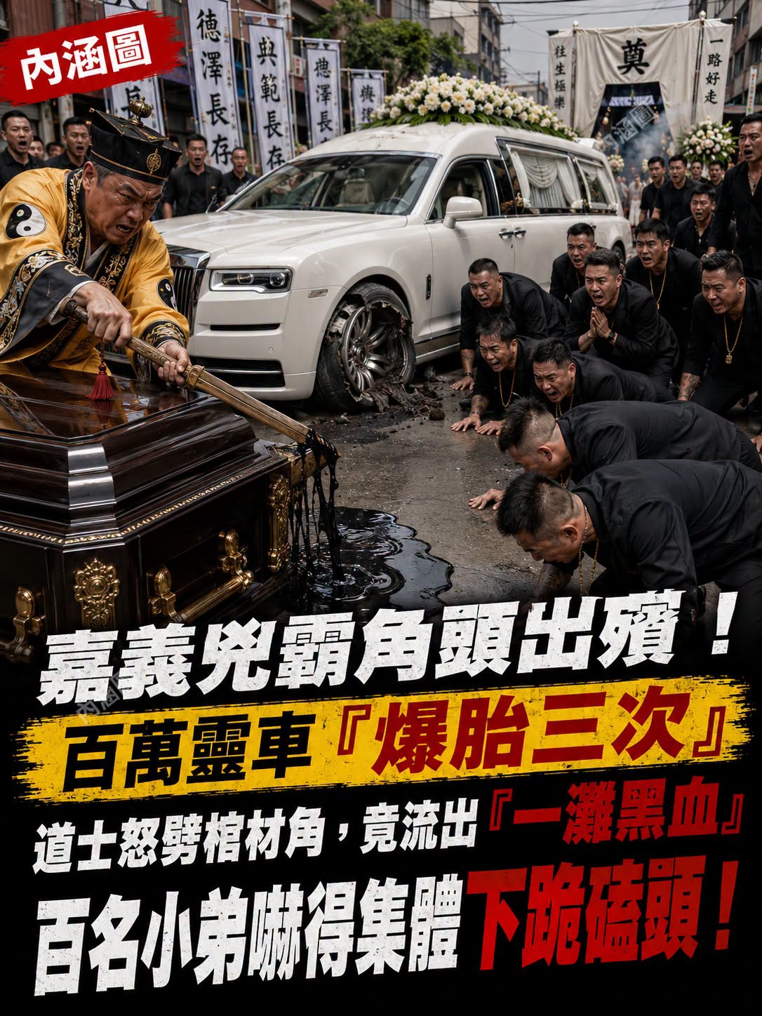 嘉義兇霸角頭出殯!百萬靈車「爆胎三次」道士怒劈棺材角,竟流出「一灘黑血」百名小弟嚇得集體下跪磕頭!