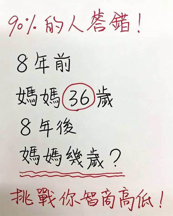 國小數學「8年前媽媽36歲,8年後幾歲?」90%的人都答錯,老師公佈答案後,家長啞口無言!