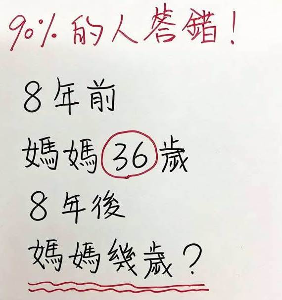 國小數學「8年前媽媽36歲,8年後幾歲?」90%的人都答錯,老師公佈答案後,家長啞口無言!