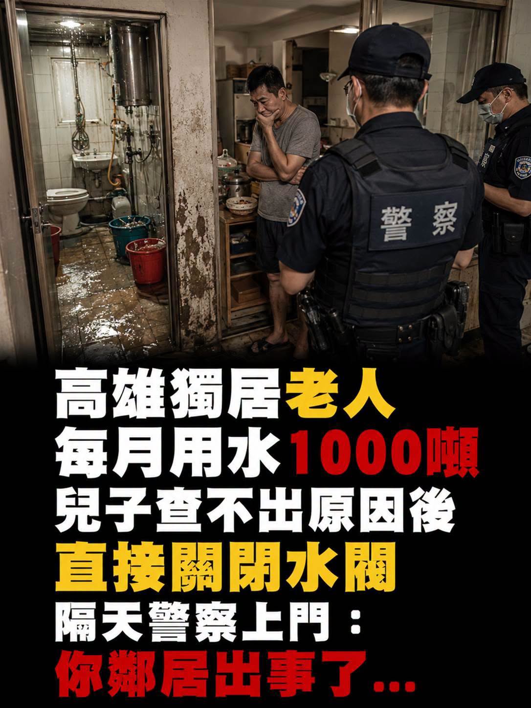 高雄獨居長者每月用水1000噸，兒子關掉水閥後，隔天警方突然上門