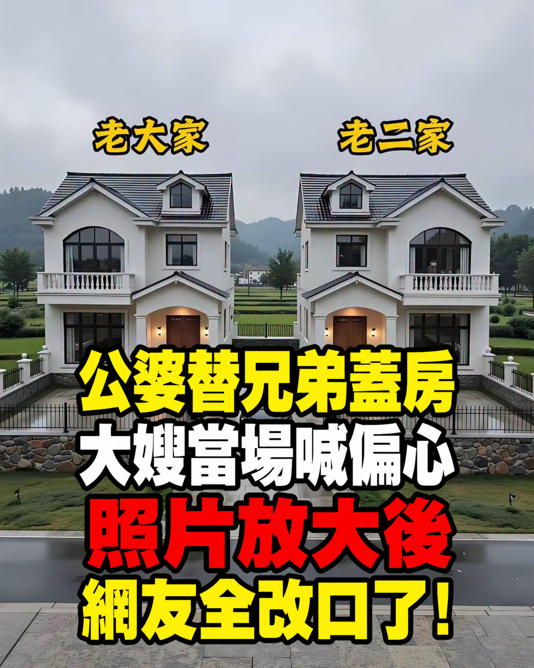 公婆替兄弟倆各蓋一棟房,大嫂卻當場喊「太偏心」!網友放大照片後全改口了