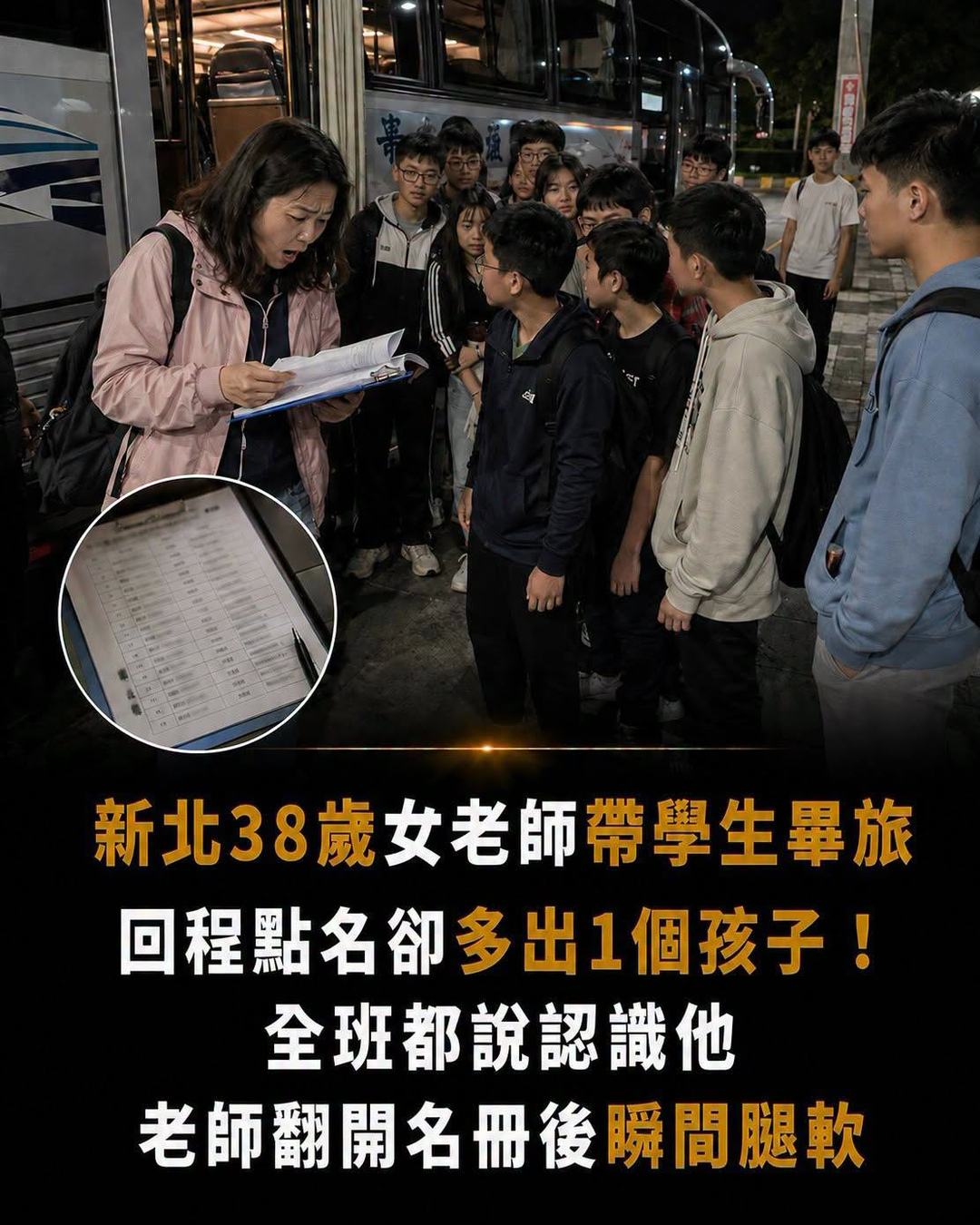 新北38歲女老師帶學生畢旅，回程點名卻多出1個孩子！老師翻開名冊後瞬間腿軟