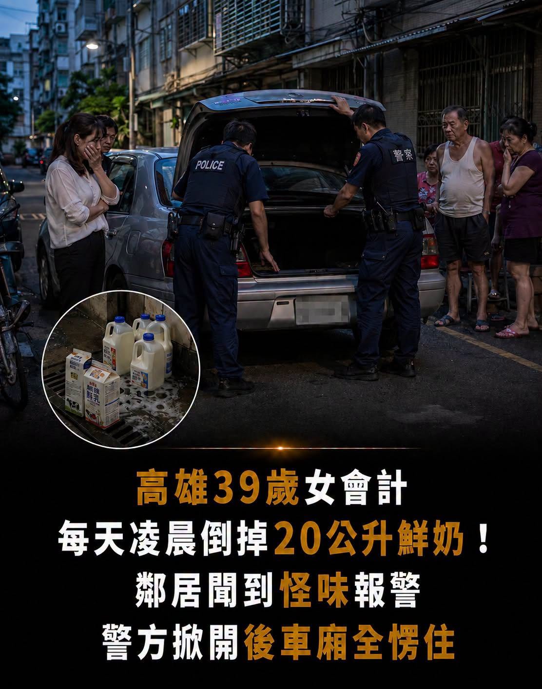高雄39歲女會計每天凌晨倒掉20公升鮮奶！鄰居聞到怪味報警，警方掀開後車廂全愣住