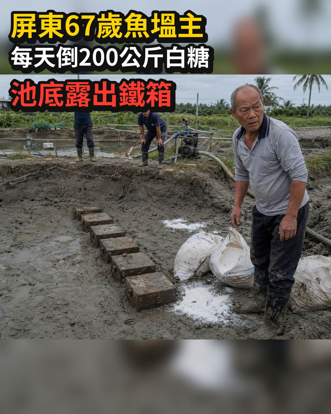 屏東67歲魚塭主每天往池裡倒200公斤白糖,工人抽乾水後,池底露出那一排東西全都傻了!