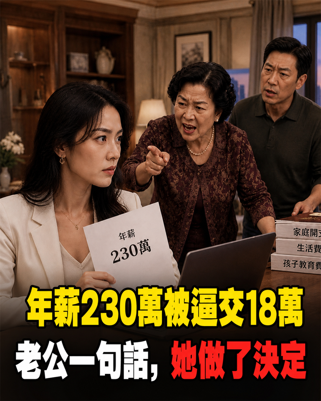 我升經理,年薪漲到230萬,婆婆逼我每月上交18萬:「不交就馬上離婚!」老公附和:「聽媽的話。」我立刻決定:好,離婚!