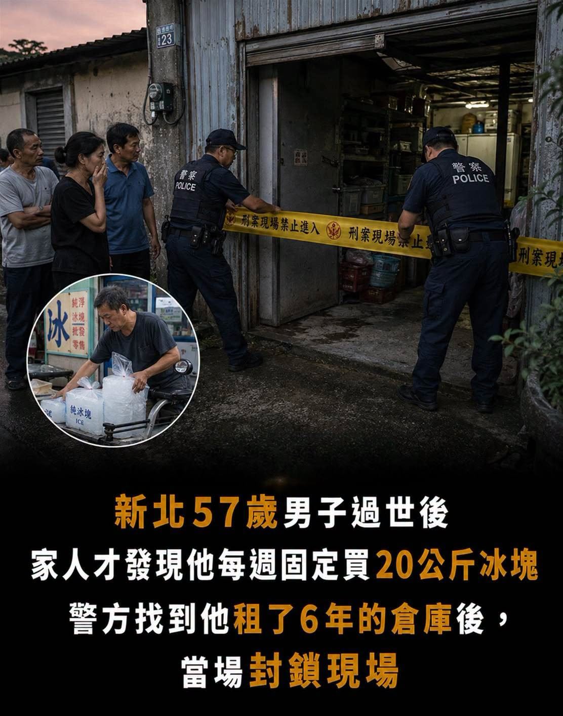 新北57歲男子過世後，家人才發現他每週固定買20公斤冰塊，警方找到他租了6年的倉庫後當場封鎖現場！