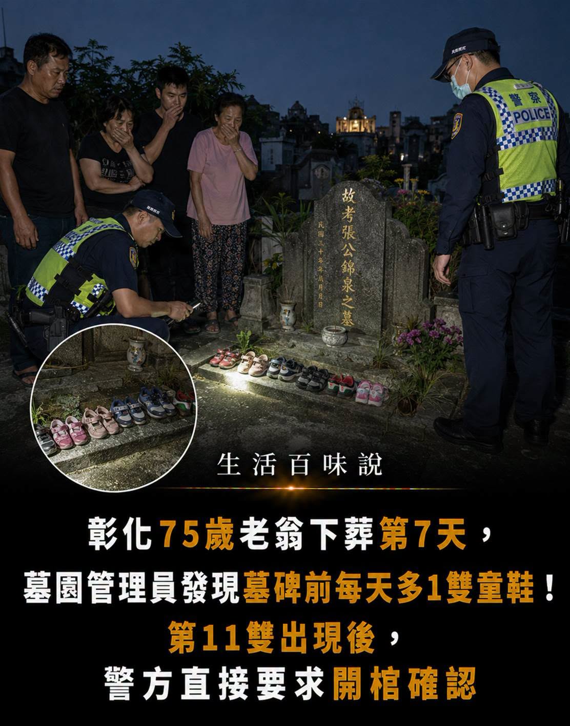 彰化75歲老翁下葬第7天，墓園管理員發現墓碑前每天多1雙童鞋！第11雙出現後，警方直接要求開棺確認
