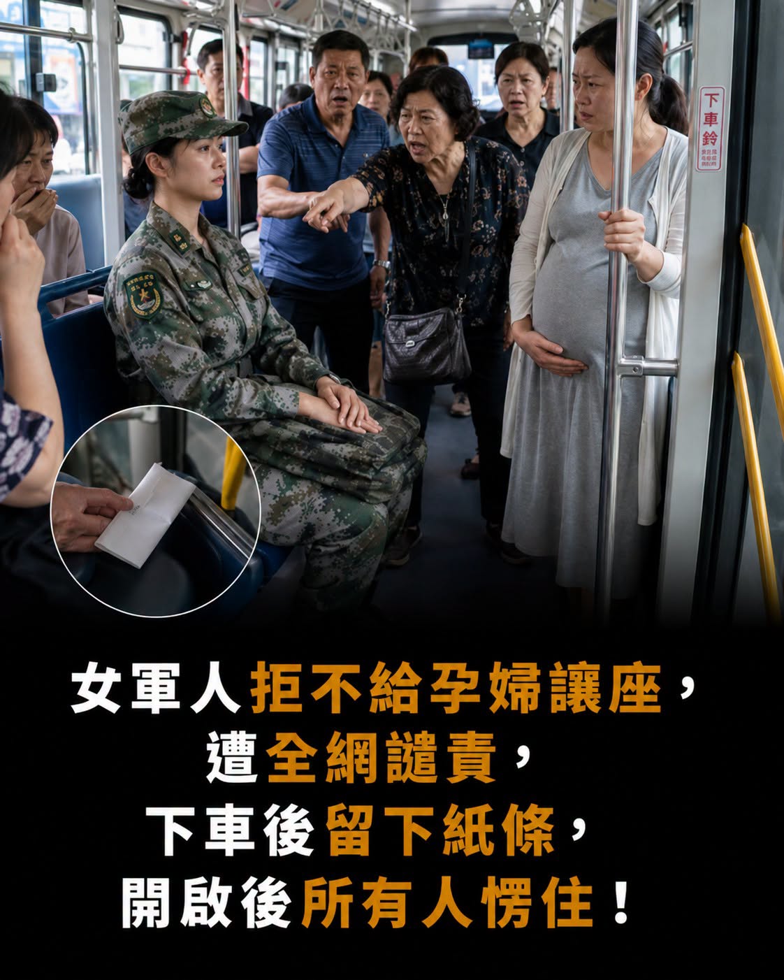女軍人拒不給孕婦讓座,遭全網譴責,下車後留下紙條,開啟後所有人愣住!