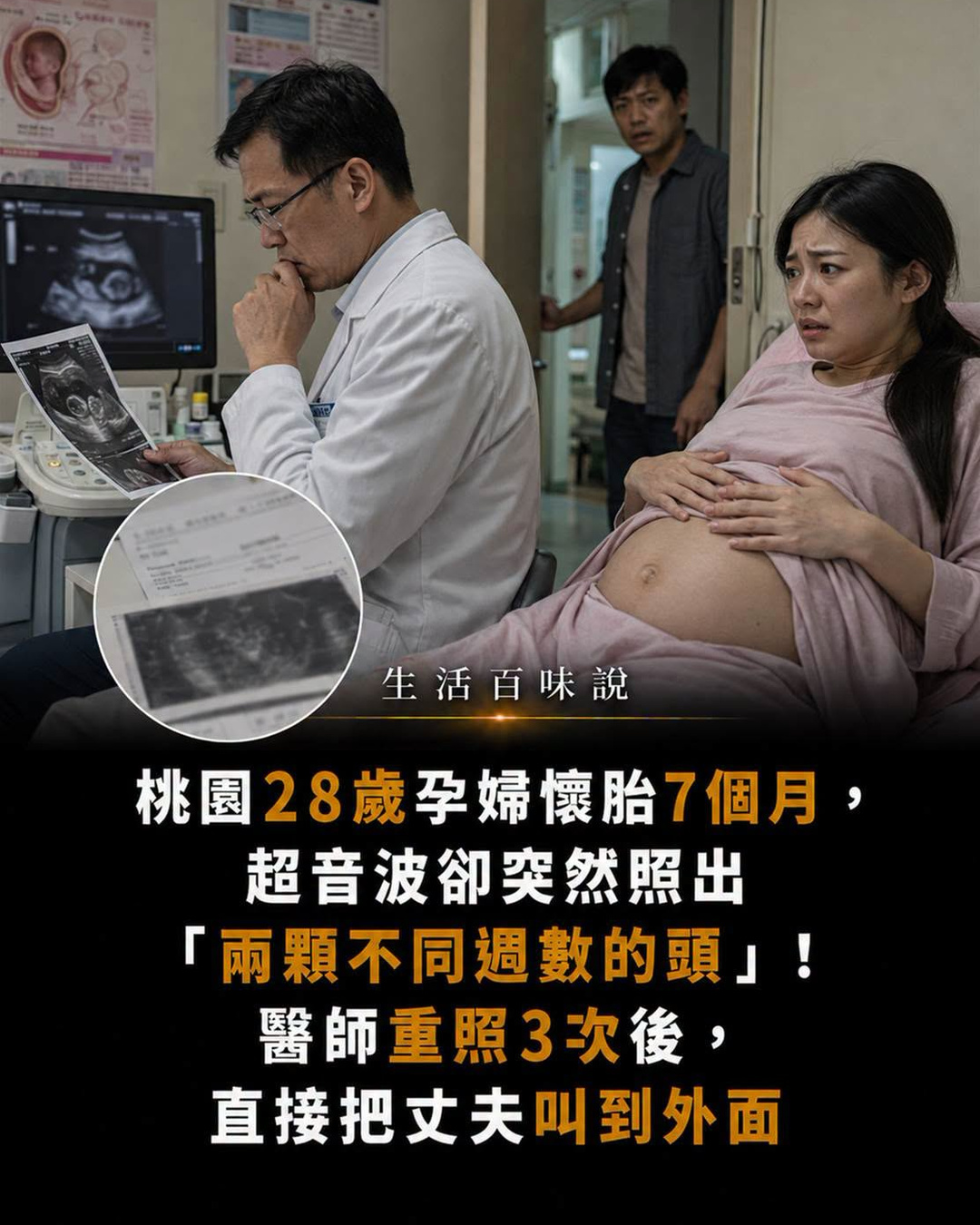 桃園28歲孕婦懷胎7個月,超音波卻突然照出「兩顆不同週數的頭」!醫師重照3次後,直接把丈夫叫到外面