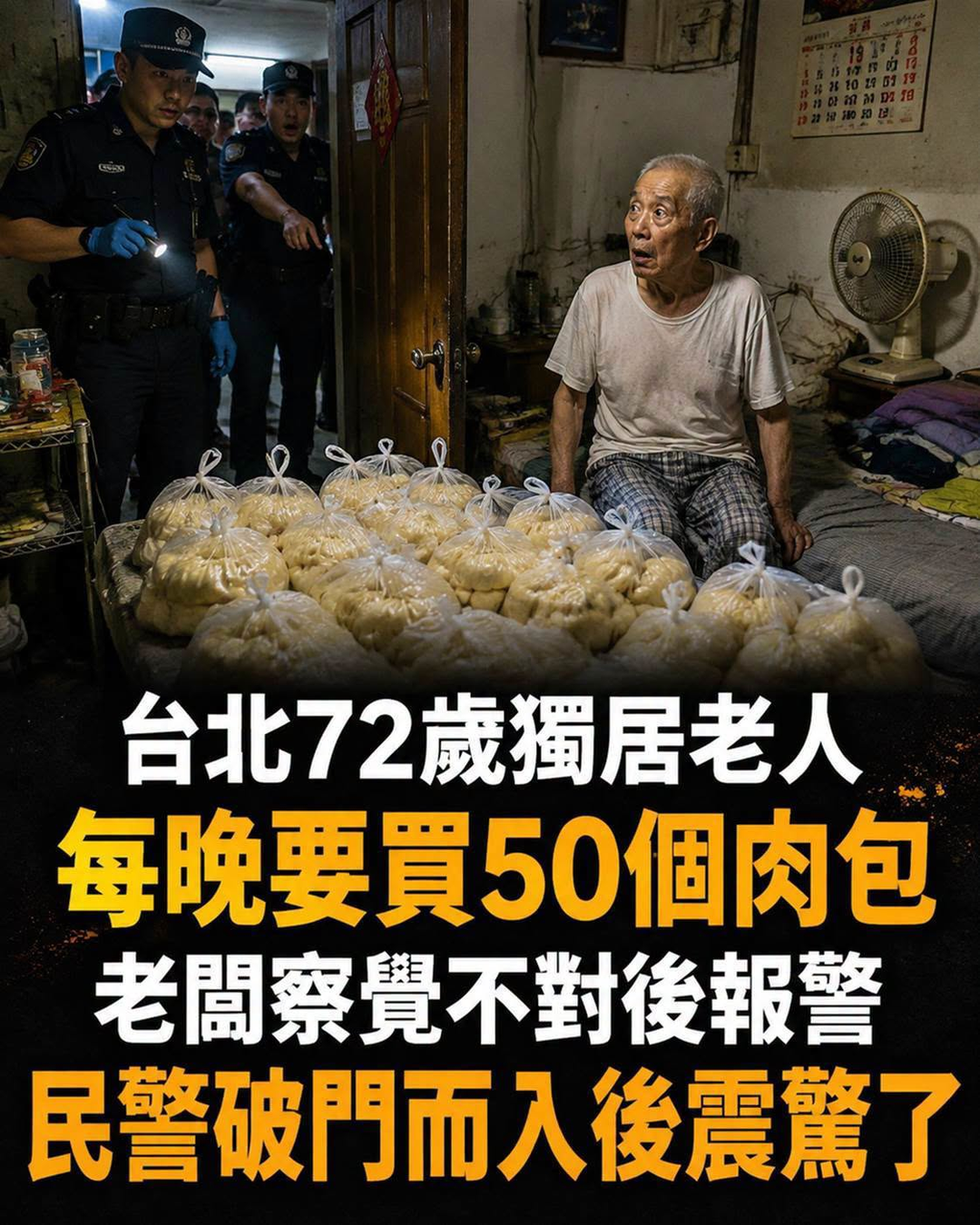 台北72歲獨居老人每晚要買50個肉包,老闆察覺不對後報警,員警破門而入後震驚了