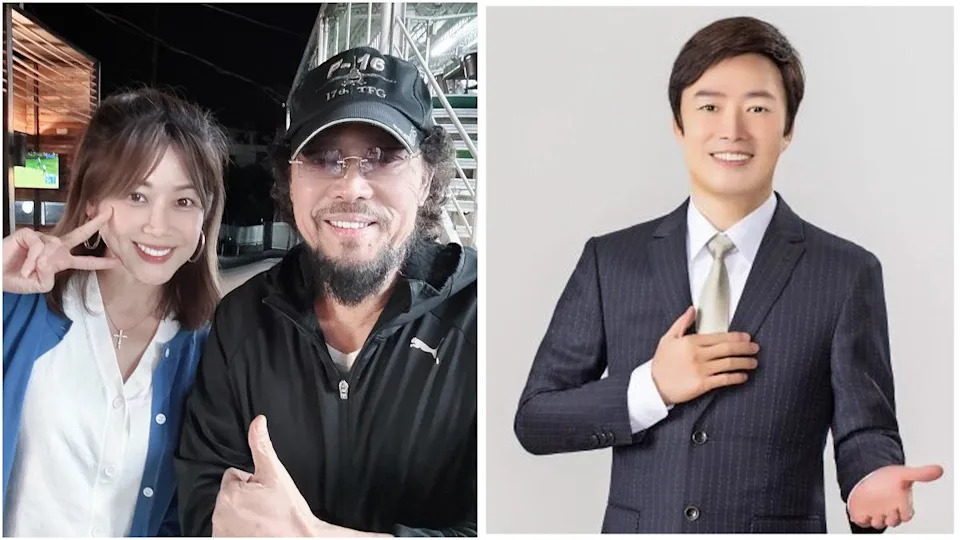 張菲與主持人合照,以及費玉清形象照