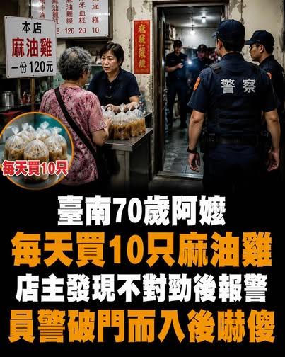 臺南72歲阿嬤每天買10隻麻油雞,店家起疑報警後,老屋裡的聲音讓人不寒而慄