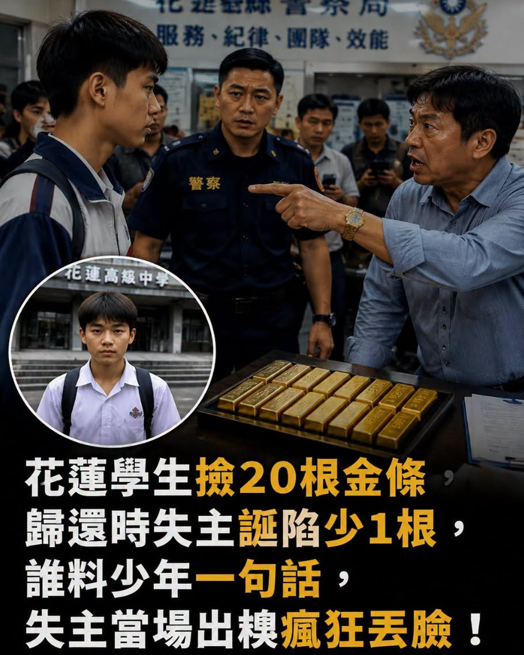 19歲花蓮學生撿到20根金條，歸還時竟被指控少1根，他只問一句話