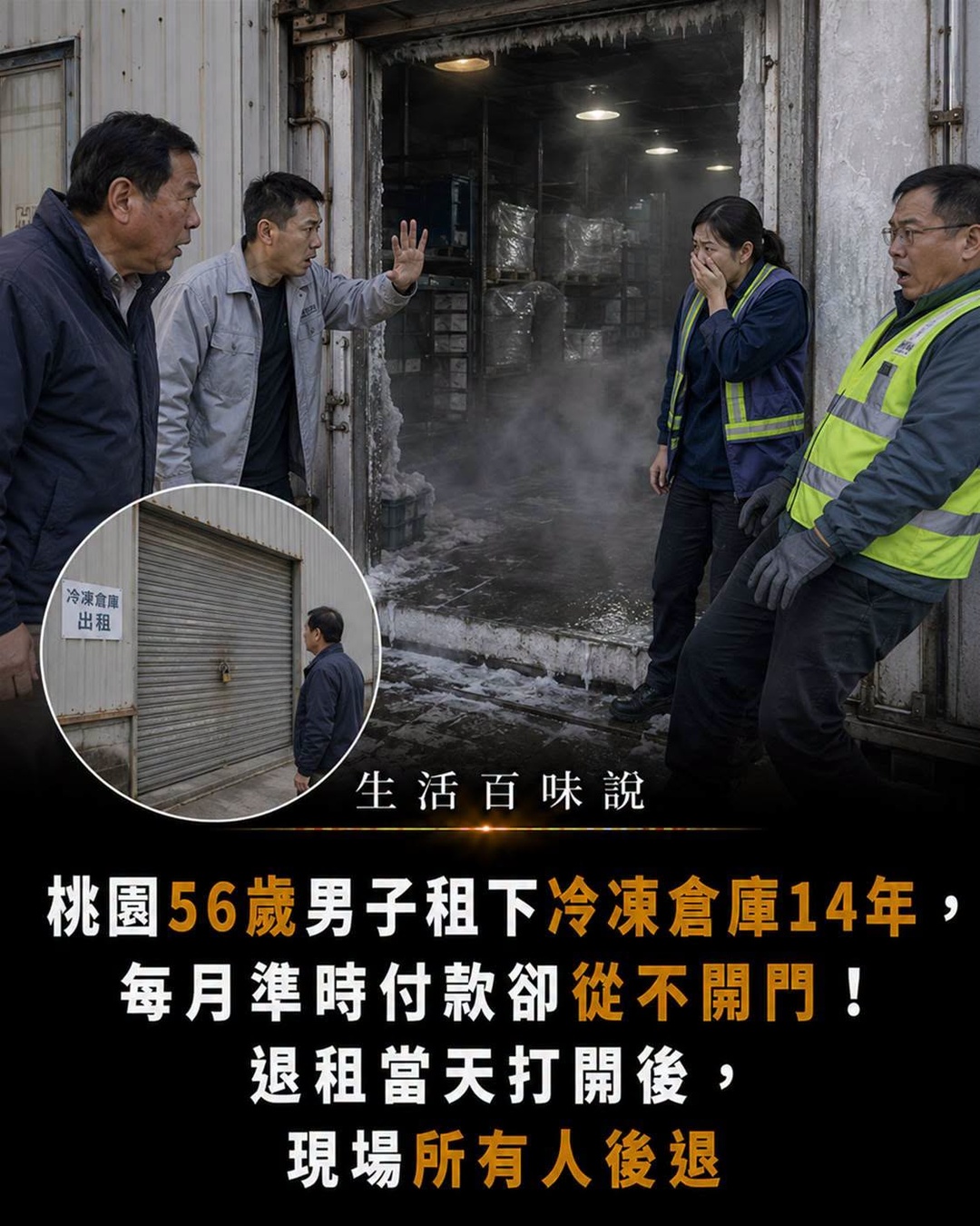 桃園一名56歲男子，14年前租下一間冷凍倉庫後，就幾乎再也沒讓任何人靠近過。這14年來，他每個月都準時繳租，從不拖欠，卻也從沒真正打開倉庫大門。房東幾次想進去查看，都被他用各種理由擋下，只說裡面放的是「以前留下來的東西」，不方便讓人碰。原本大家都以為，他只是把倉庫當成私人儲藏空間。直到最近男子突然主動退租，還特別交代房東等他走後再處理裡面的東西。