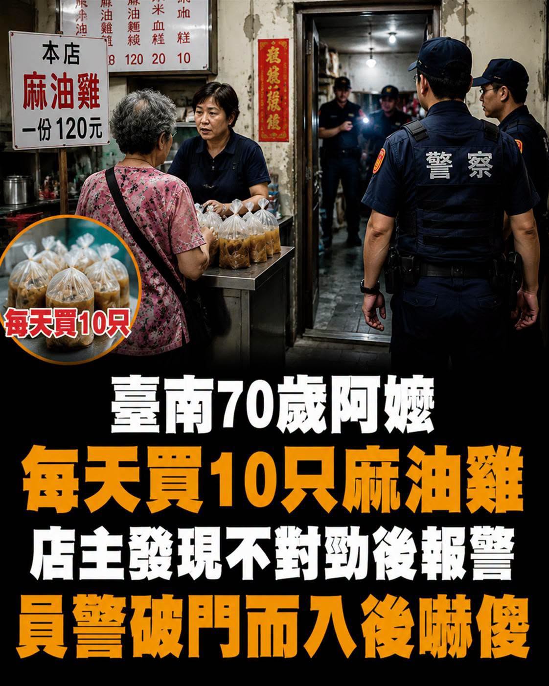 70歲阿嬤連買1個月、每天10隻麻油雞，還說「孩子在等」，員警進屋後才發現真相