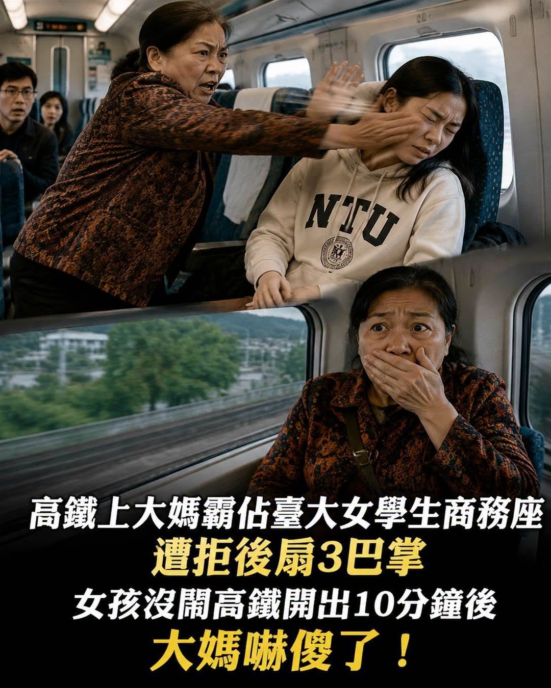 高鐵上大媽霸佔臺大女學生商務座，遭拒後扇3巴掌，女孩沒鬧高鐵開出10分鐘後，大媽嚇傻了！