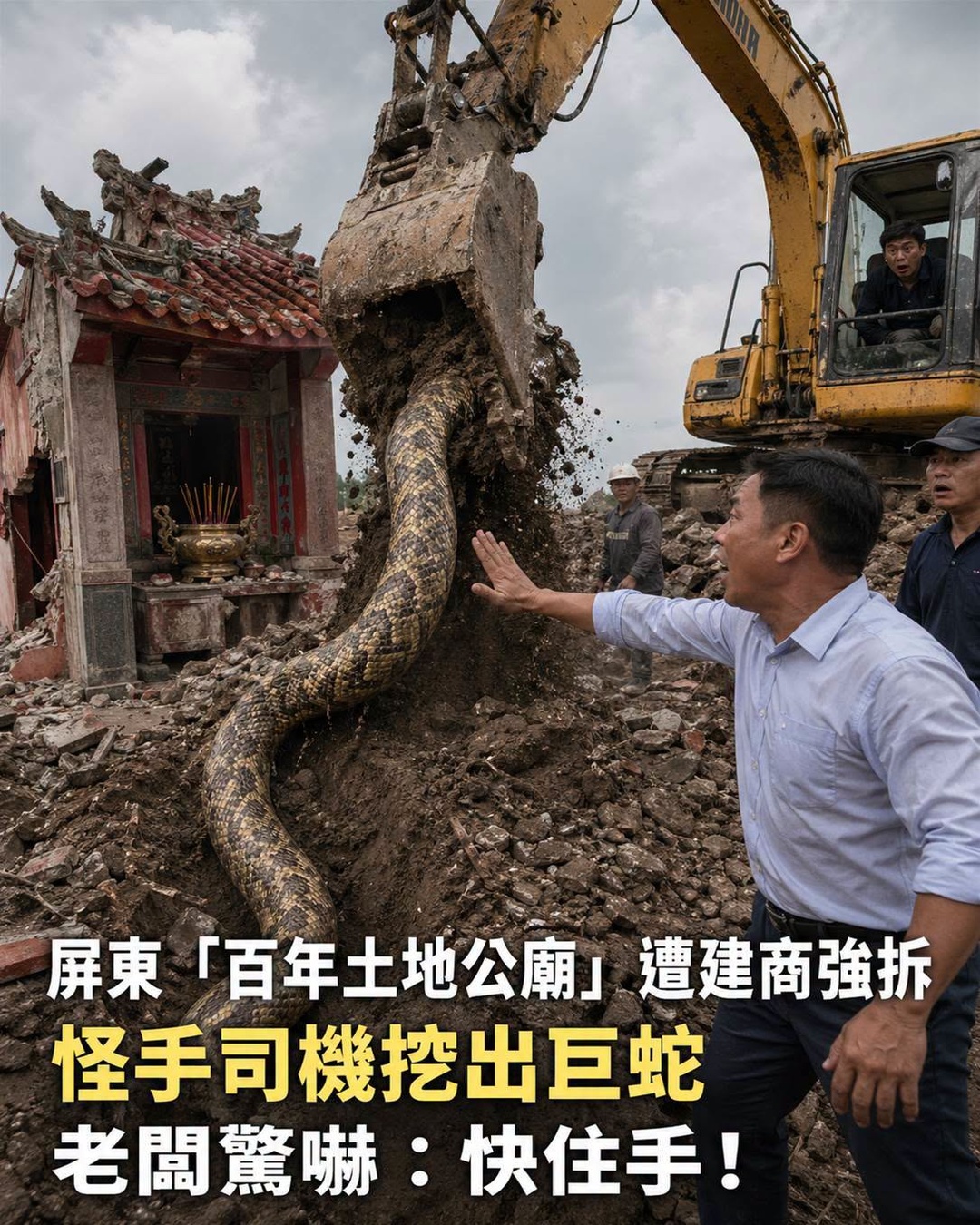 屏東「百年土地公廟」遭建商強拆，怪手司機挖出巨蛇，老闆驚喊快住手！