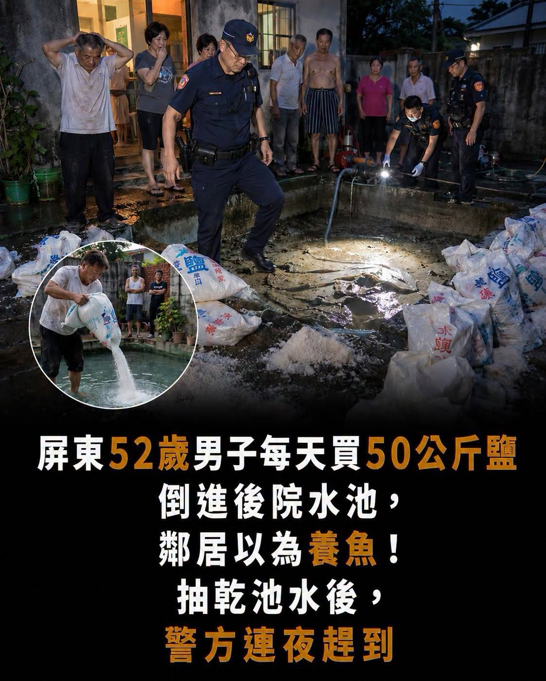 屏東52歲男子半年每天倒50公斤鹽進水池,警方抽乾後池底出現鐵箱,秘密只露出一角