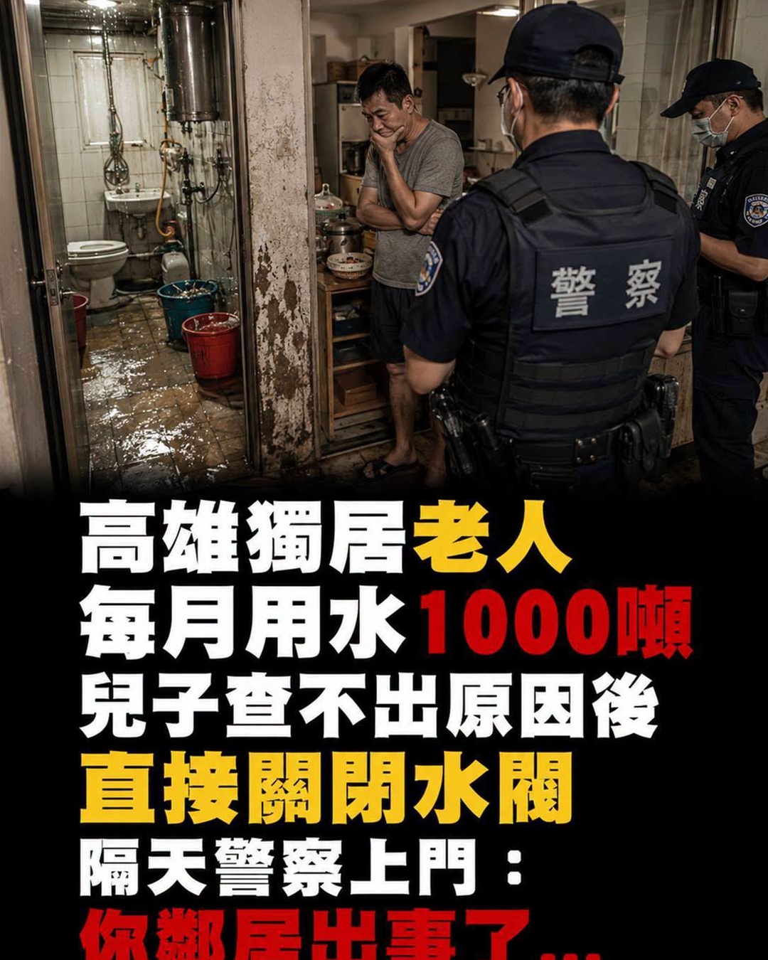 高雄獨居老人每月用水1000噸,兒子關水閥隔天警察竟上門