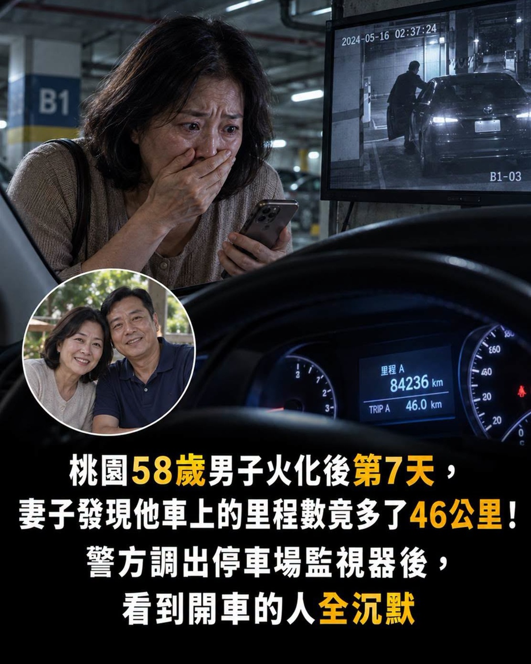 桃園58歲男子火化後第7天，妻子發現他車上的里程數竟多了46公里！警方調出停車場監視器後，看到開車的人全沉默