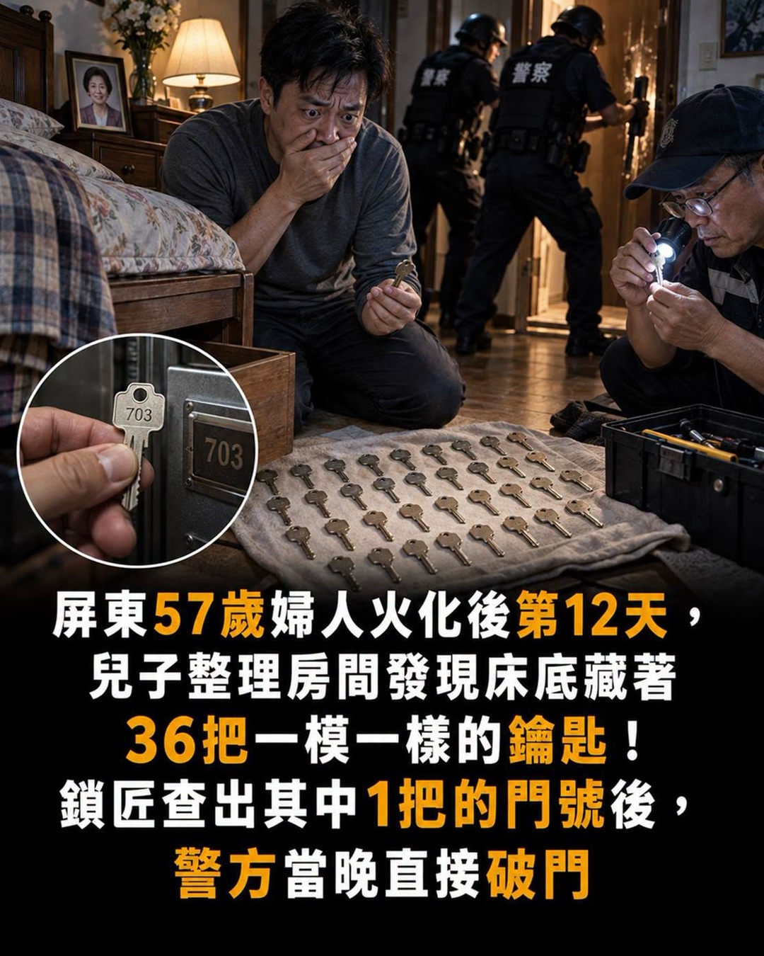 屏東57歲婦人火化後第12天，兒子整理房間發現床底藏著36把一模一樣的鑰匙！鎖匠查出其中1把的門號後，警方當晚直接破門