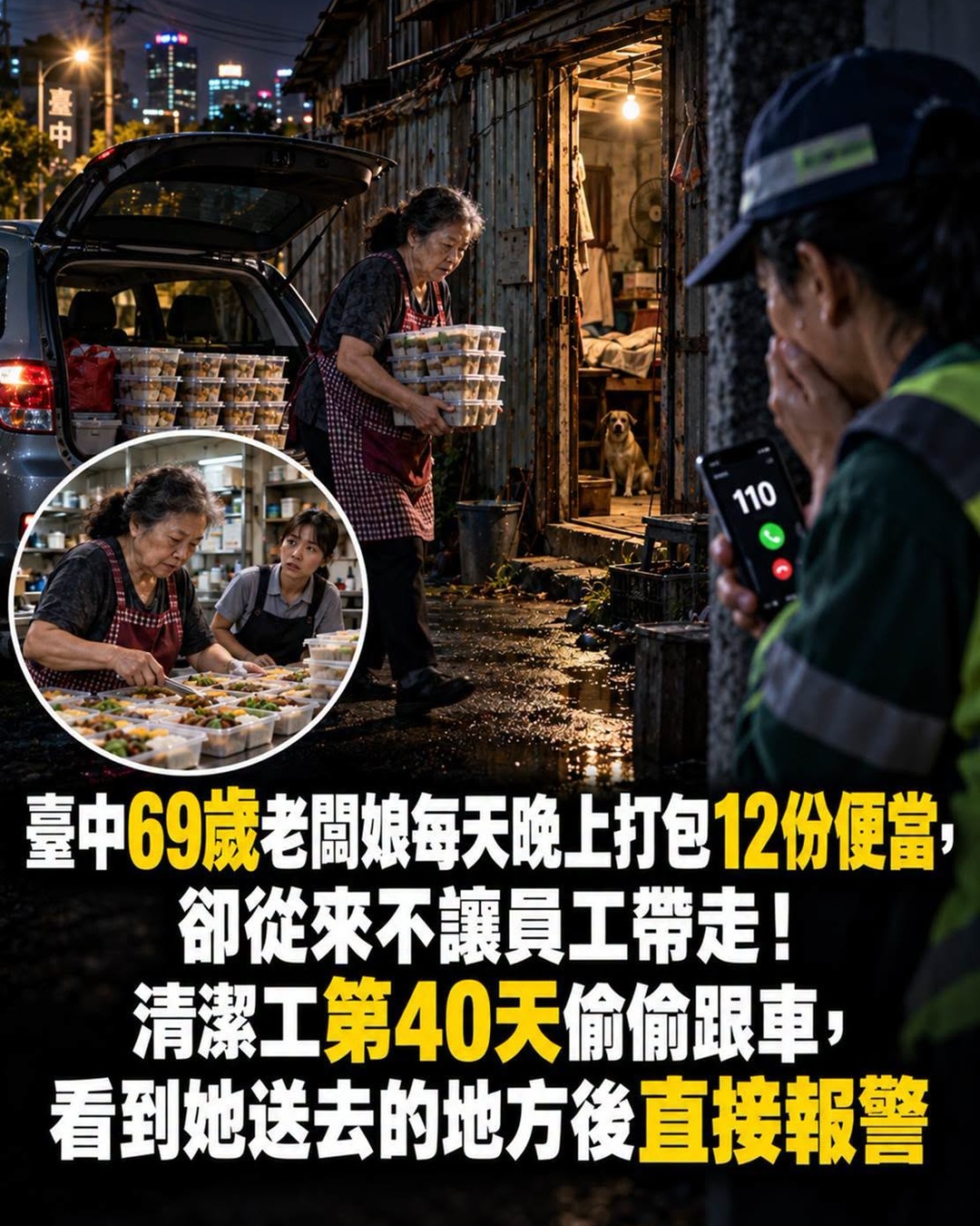 台中69歲老闆娘每天晚上打包12份便當,卻從來不讓員工帶走!清潔工第40天偷偷跟車,看到她送去的地方後直接報警