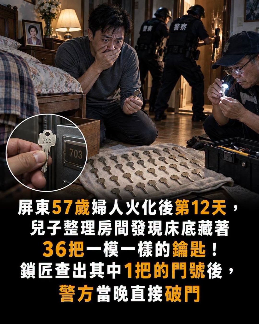 母親火化後床底藏36把同款鑰匙,鎖匠查出門號後警方當晚破門