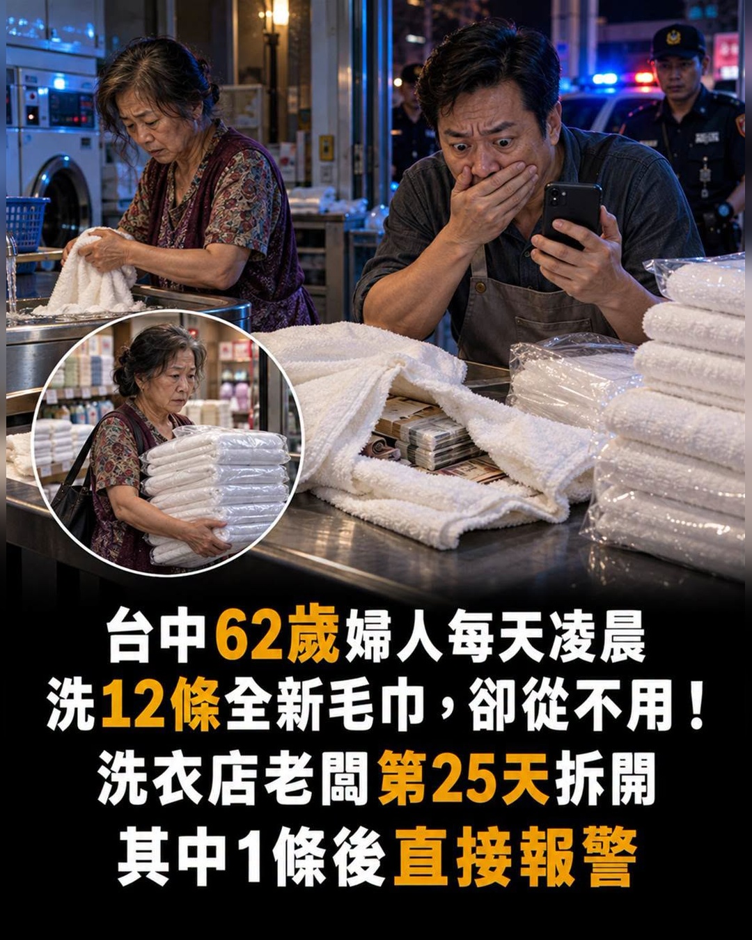 62歲婦人連洗25天、每晚12條新毛巾,洗衣店老闆拆開第7條後報警