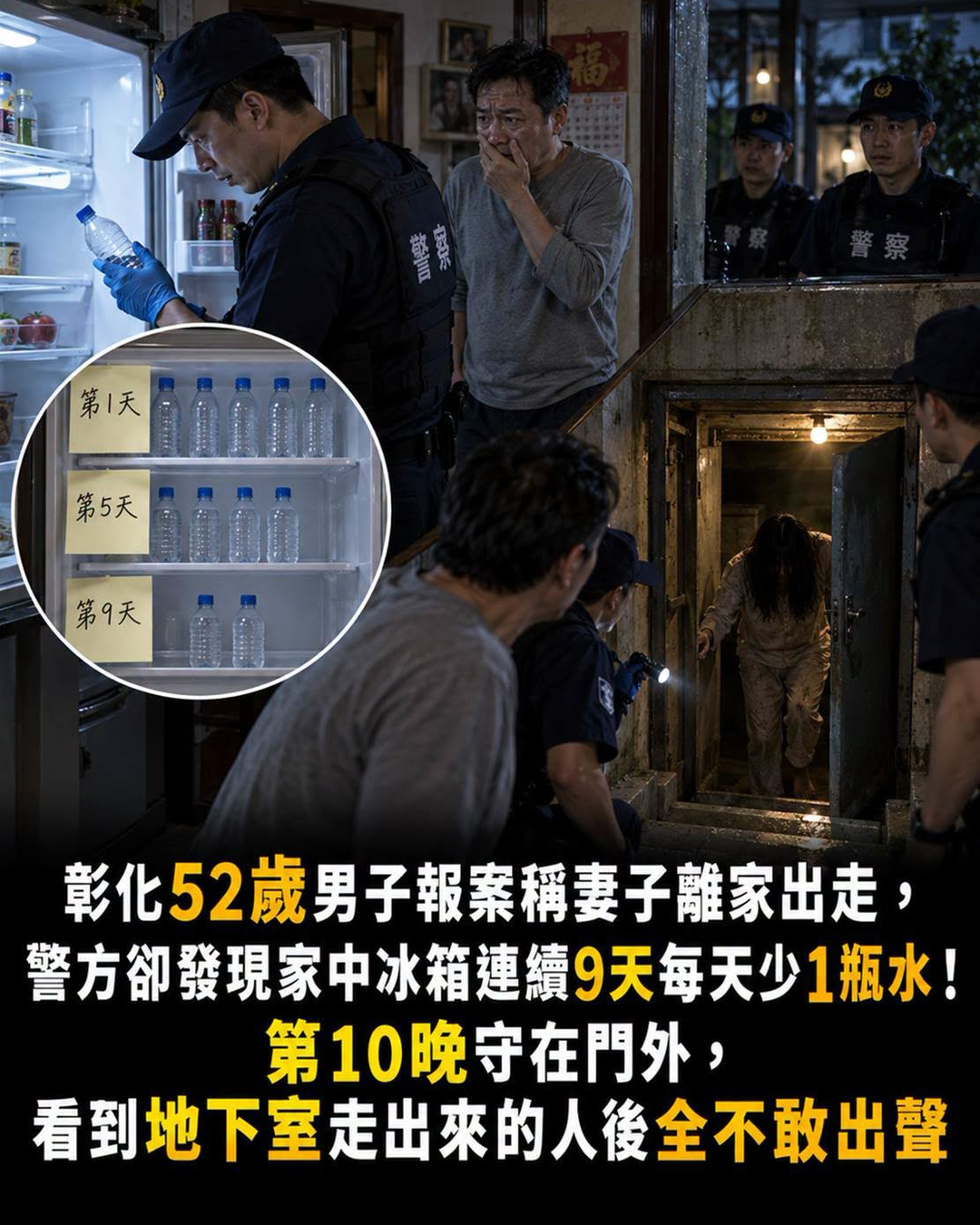 彰化52歲男子報警找妻子，冰箱連9天少1瓶水第10晚地下室門開了