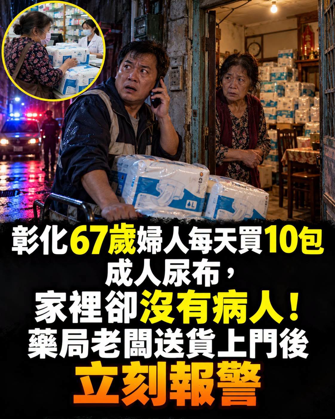 彰化67歲婦人連續1個多月每天買10大包尿布,藥局老闆送貨上門後,房內傳來敲擊聲
