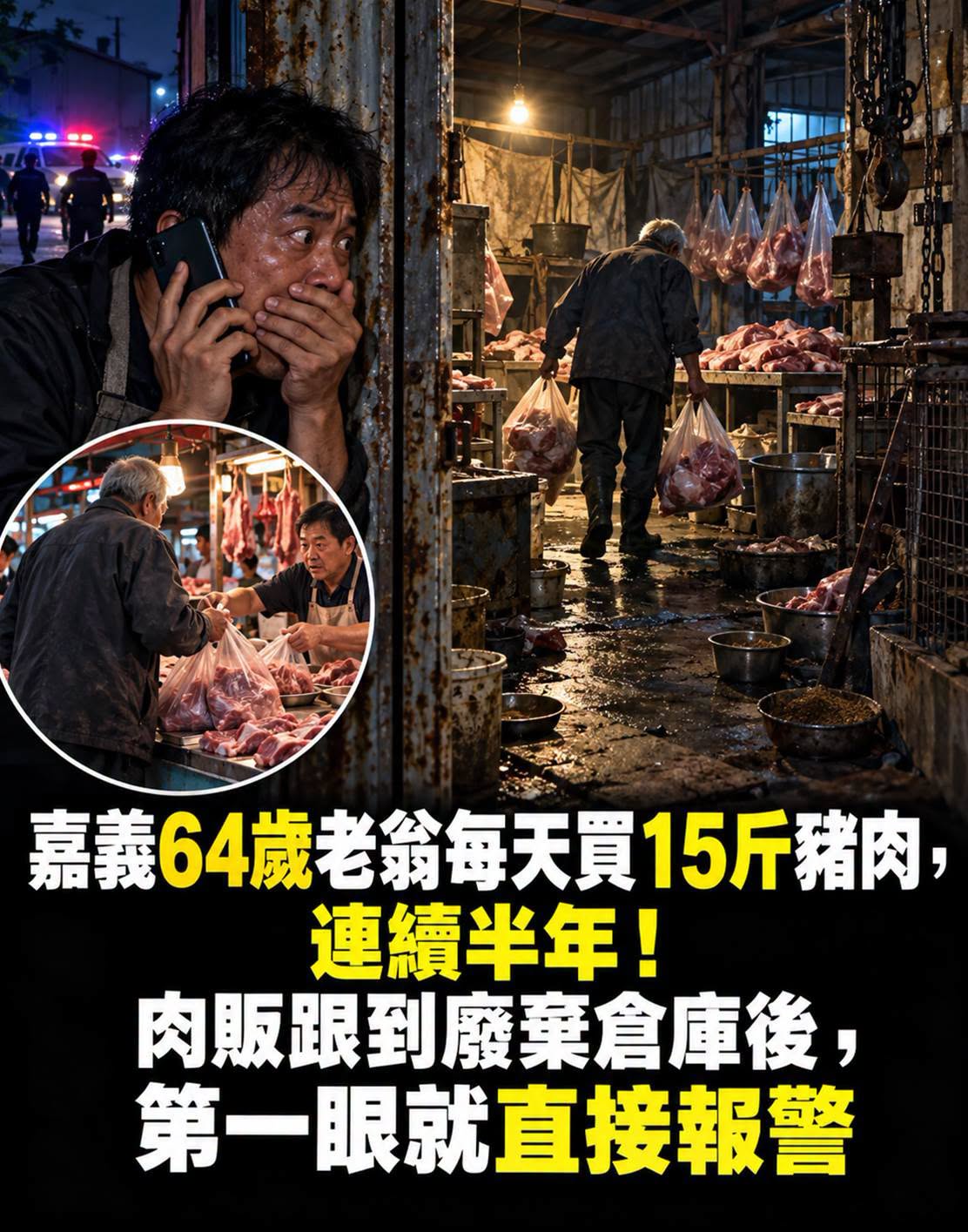 嘉義64歲老翁連買半年、每天15斤豬肉,肉販跟到廢棄倉庫後,門內那一幕讓他立刻報警