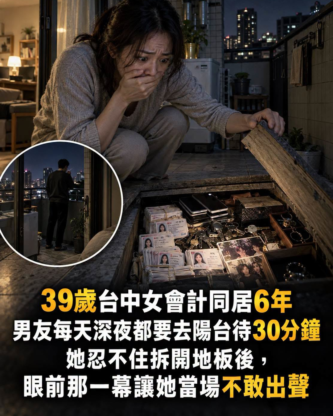 39歲女會計盯上男友陽台習慣,天天反鎖30分鐘,掀開地板後看見的行李箱讓她不敢出聲