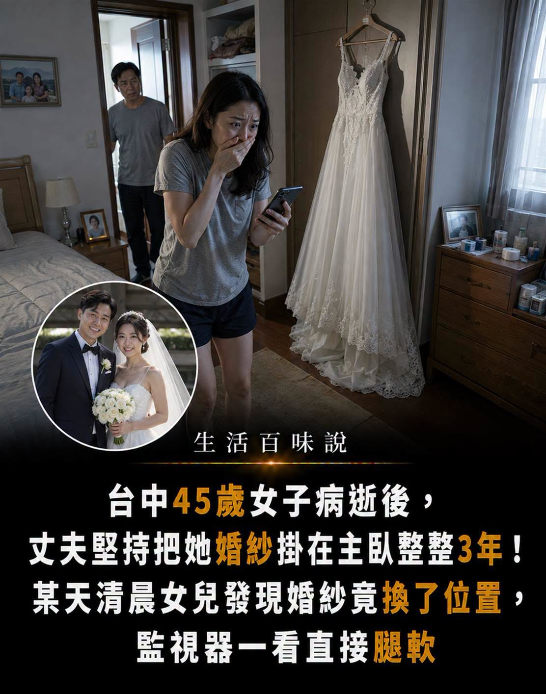 45歲女子病逝3年，婚紗清晨離奇換位，女兒調出監視器後才發現父親隱瞞的秘密
