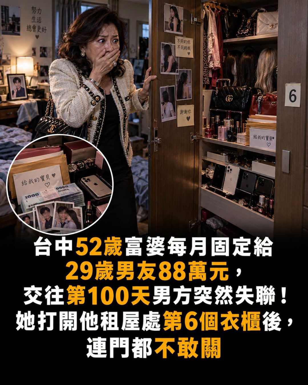 台中52歲女子每月給29歲男友88萬，第100天他失聯，第6個衣櫃後竟藏著秘密