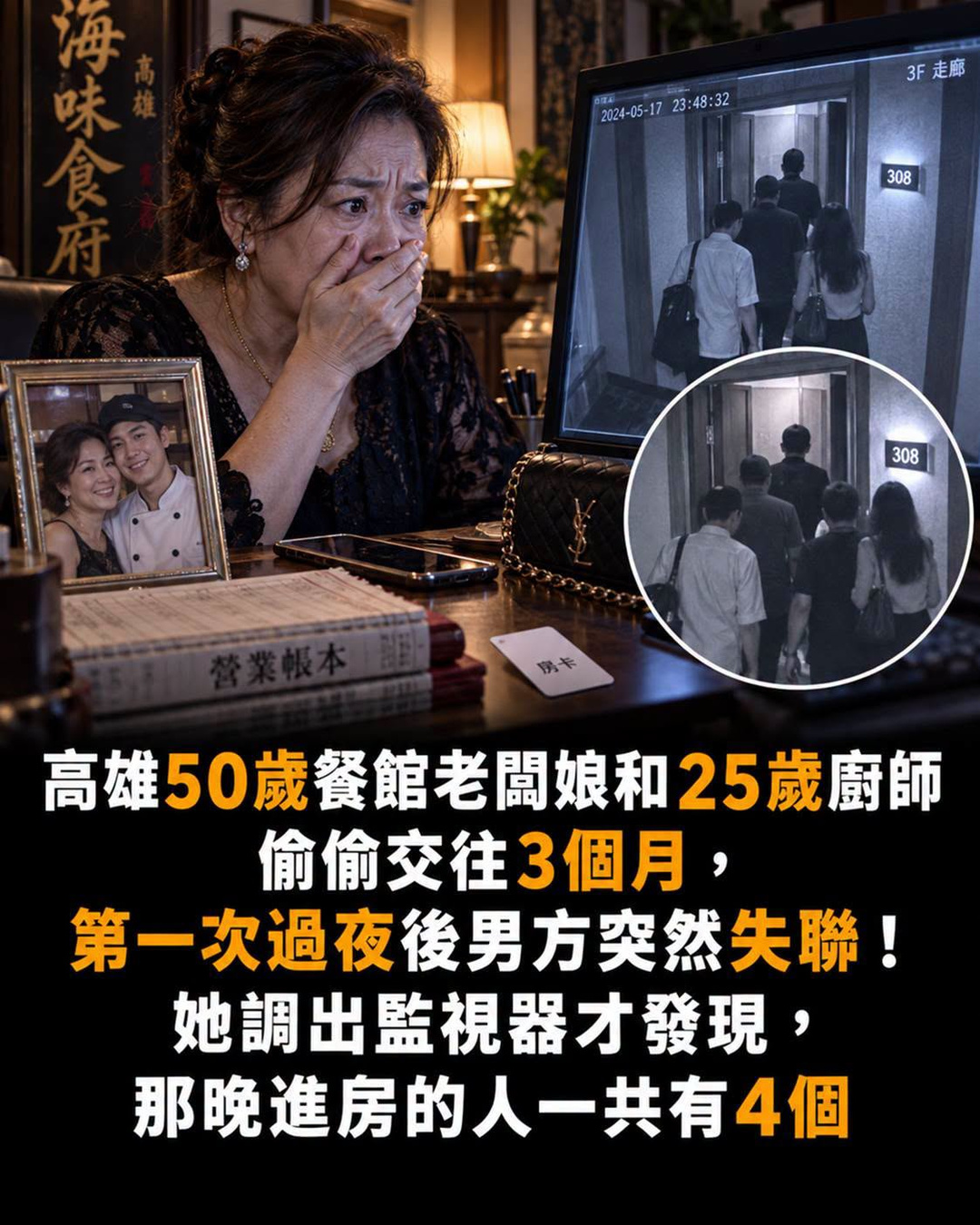 高雄50歲餐館老闆娘與25歲廚師交往3個月，過夜後失聯，監視器揭進房竟有4人