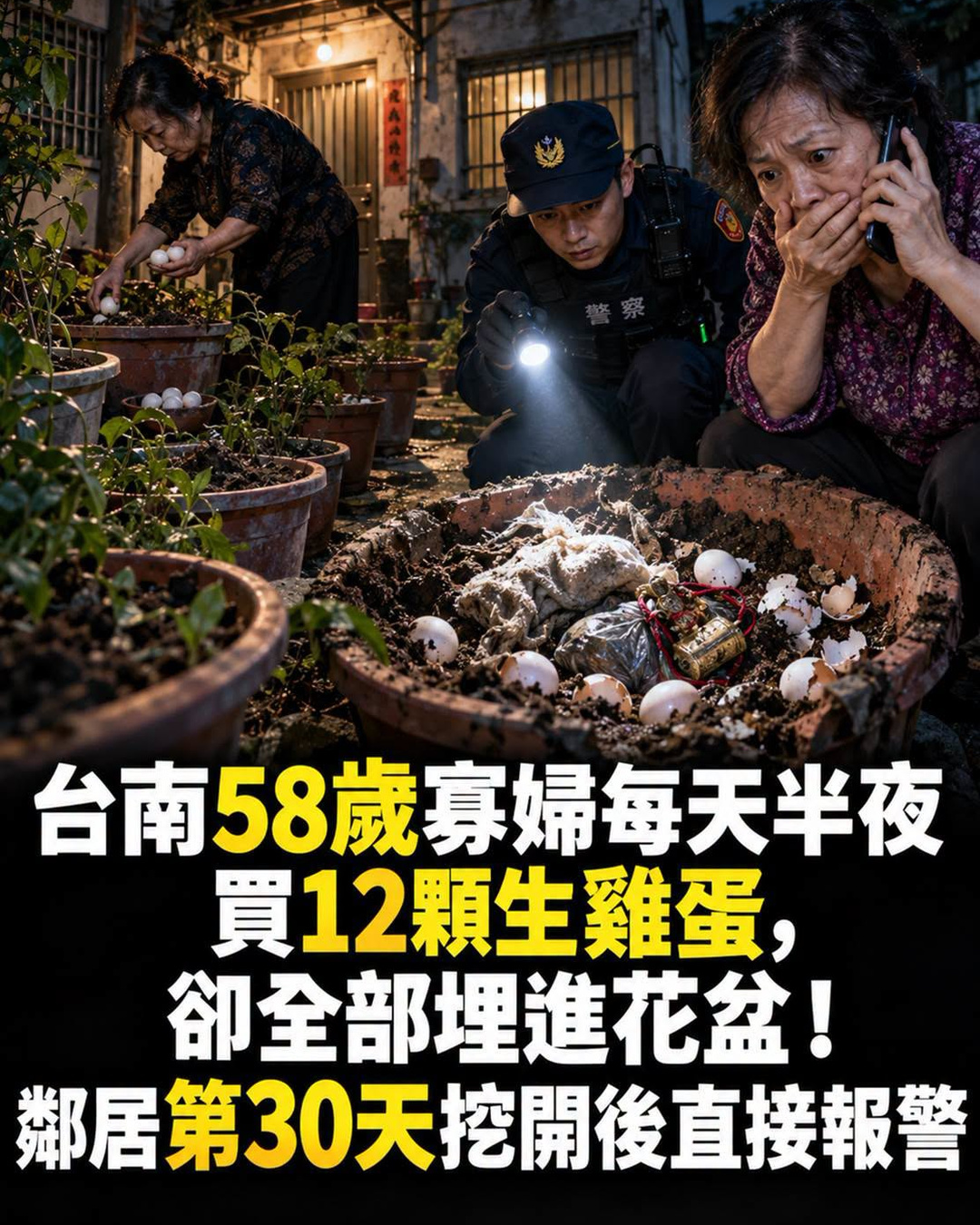 台南58歲寡婦連埋30天、每天12顆蛋,鄰居挖開花盆後牽出8年前舊案