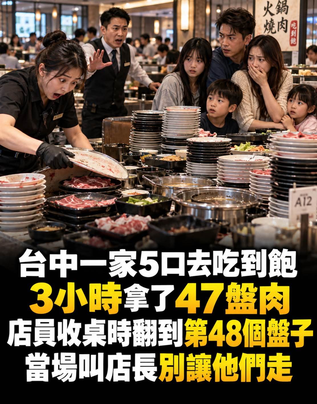 臺中一家5口3小時拿47盤肉,店員收桌翻到第48個盤子後急喊店長