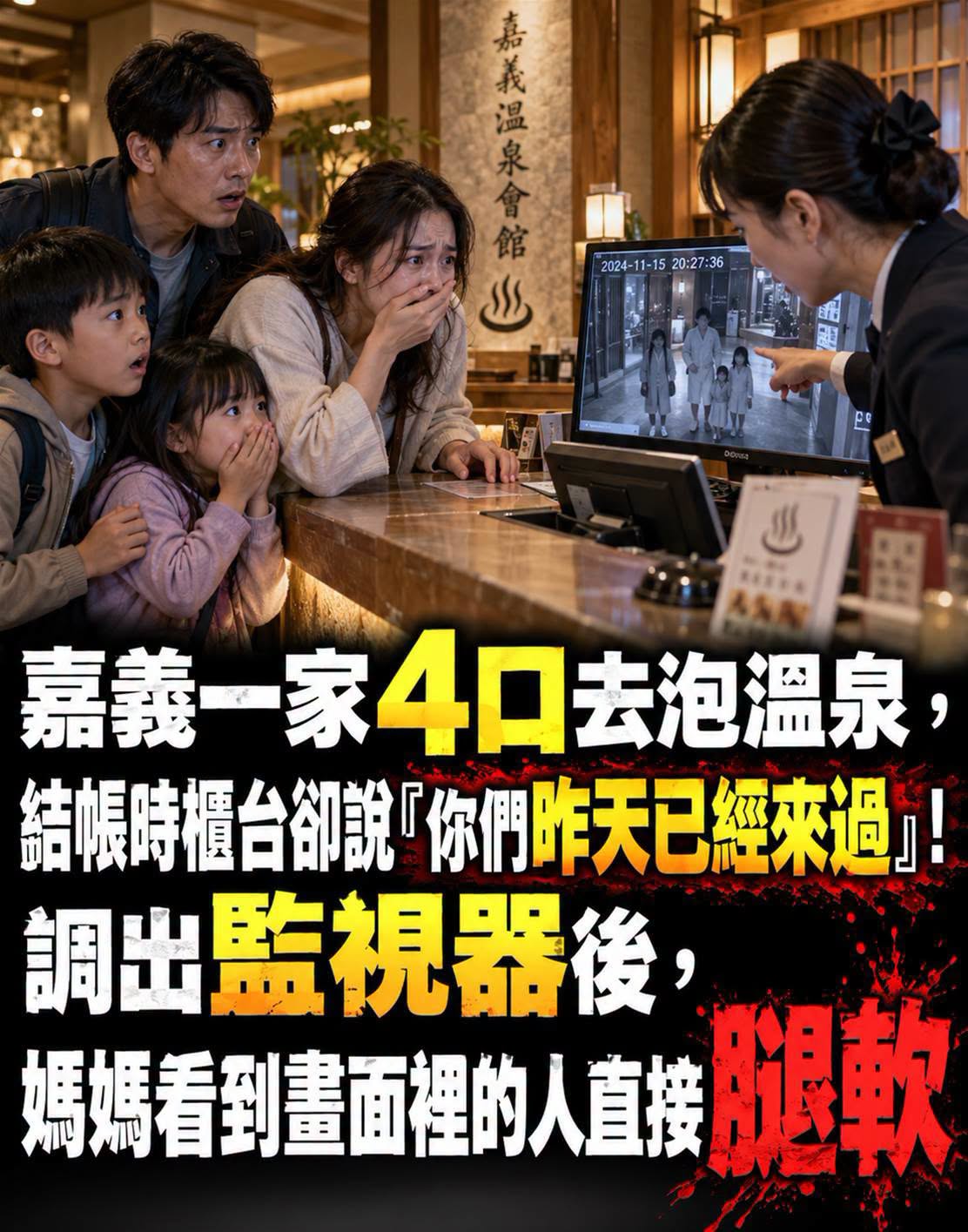 嘉義一家4口泡溫泉，櫃檯說「昨天已經來過」，監視器畫面讓媽媽腿軟