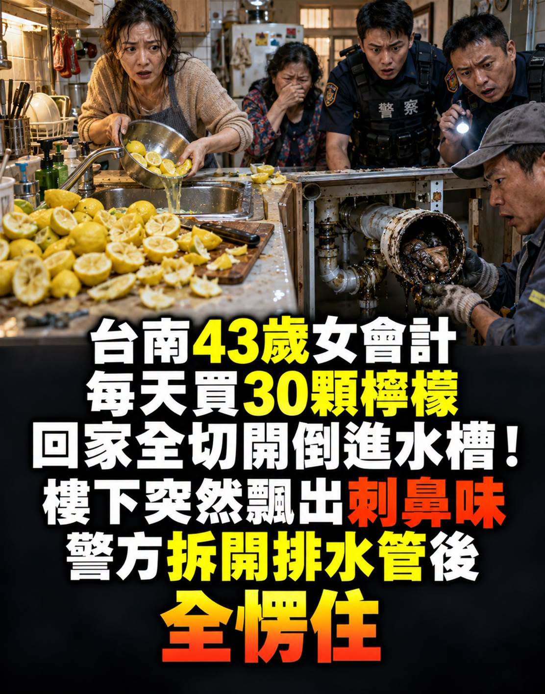 臺南43歲女會計每天買30顆檸檬,回家全切開倒進水槽!樓下突然飄出刺鼻味,警方拆開排水管後全愣住