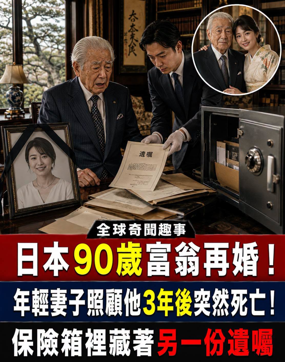 日本90歲富翁再婚!年輕妻子照顧他3年後突然死亡!保險箱裡藏著另一份遺囑