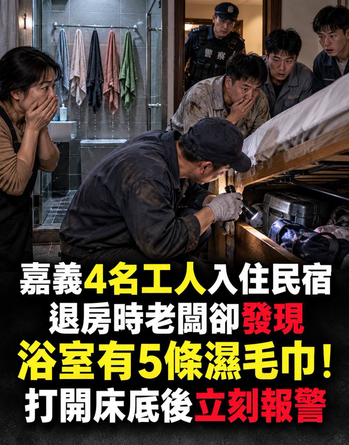 4名工人退房留下5條濕毛巾，老闆掀開床底後報警，第5個人到底在哪？