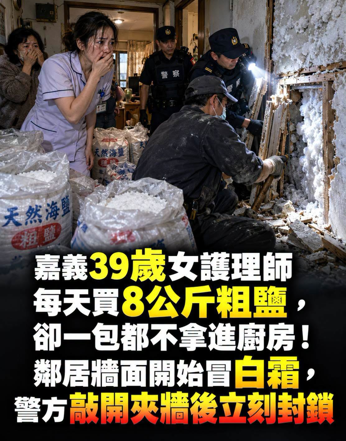 嘉義39歲護理師每天買8公斤粗鹽，牆面冒白霜後警方敲開夾牆…裡面究竟藏著什麼？