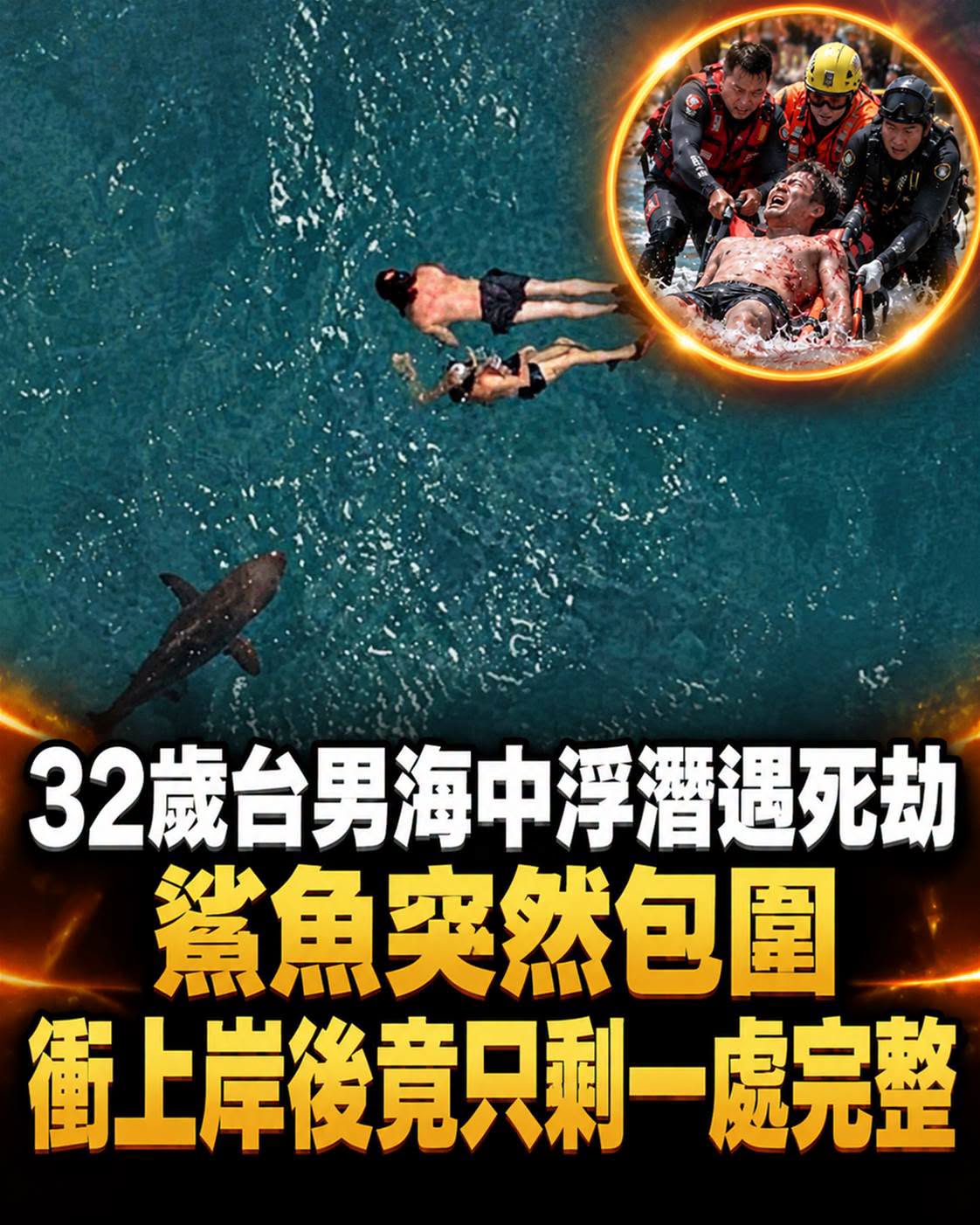 32歲臺男海中浮潛遇死劫!鯊魚突然包圍,衝上岸後竟只剩一處完整