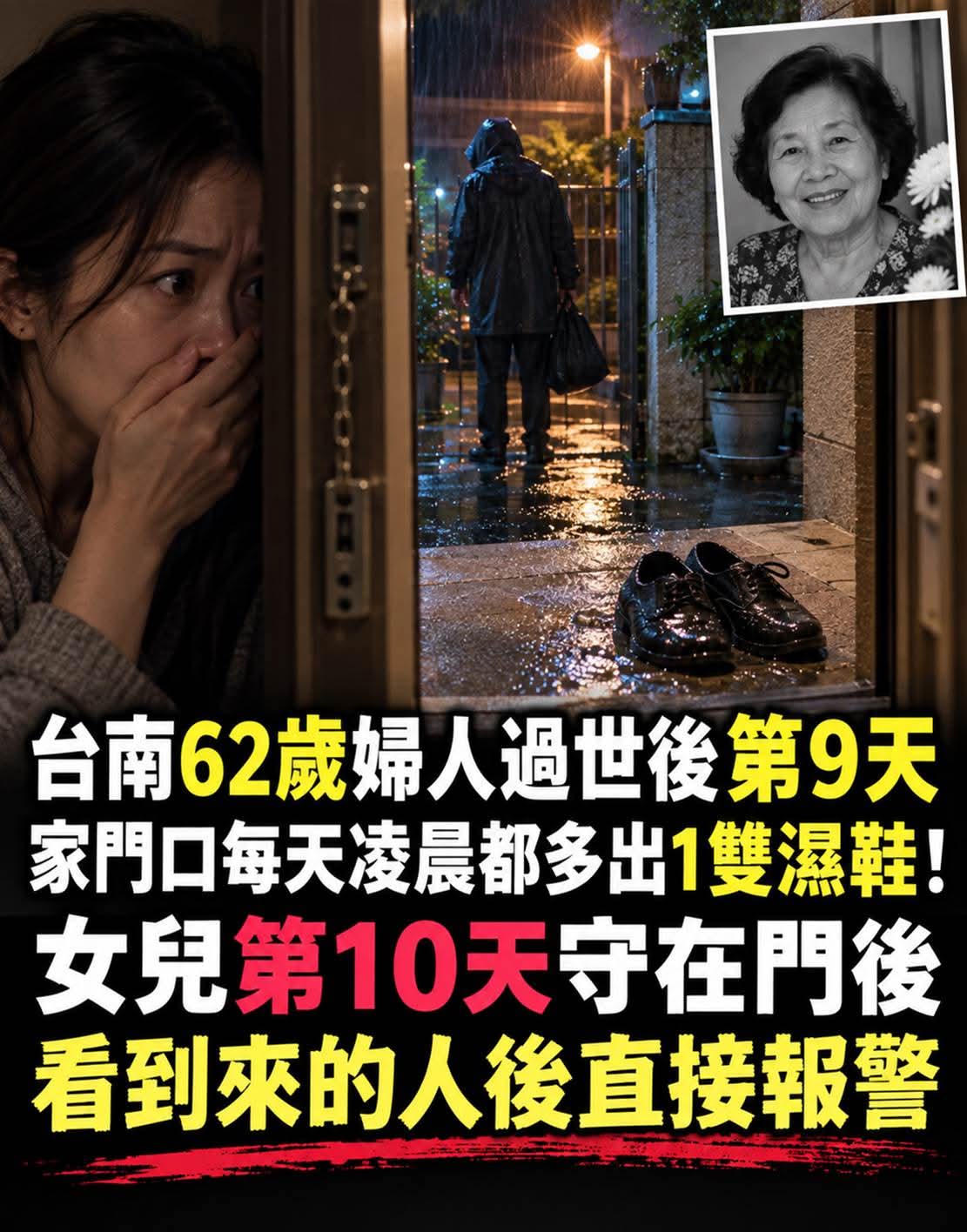 臺南62歲婦人過世後第9天,家門口每天凌晨都多出1雙濕鞋!女兒第10天守在門後,看到來的人後直接報警