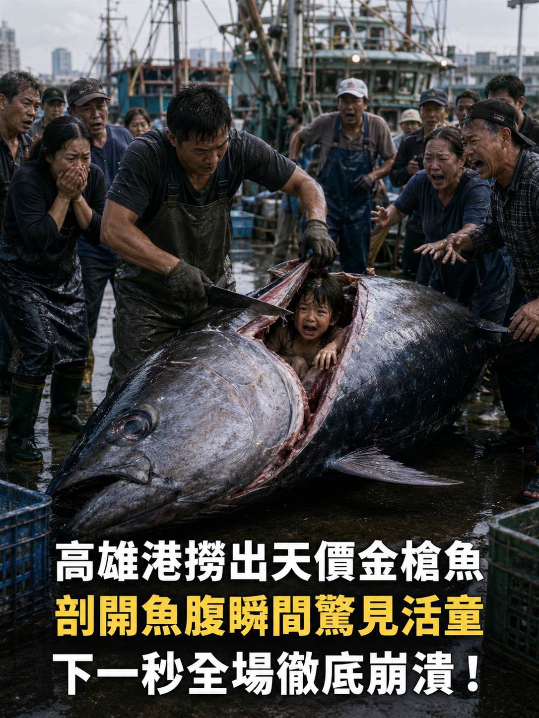 高雄港撈出天價金槍魚，剖開魚腹瞬間驚見活童，下一秒全場徹底崩潰！