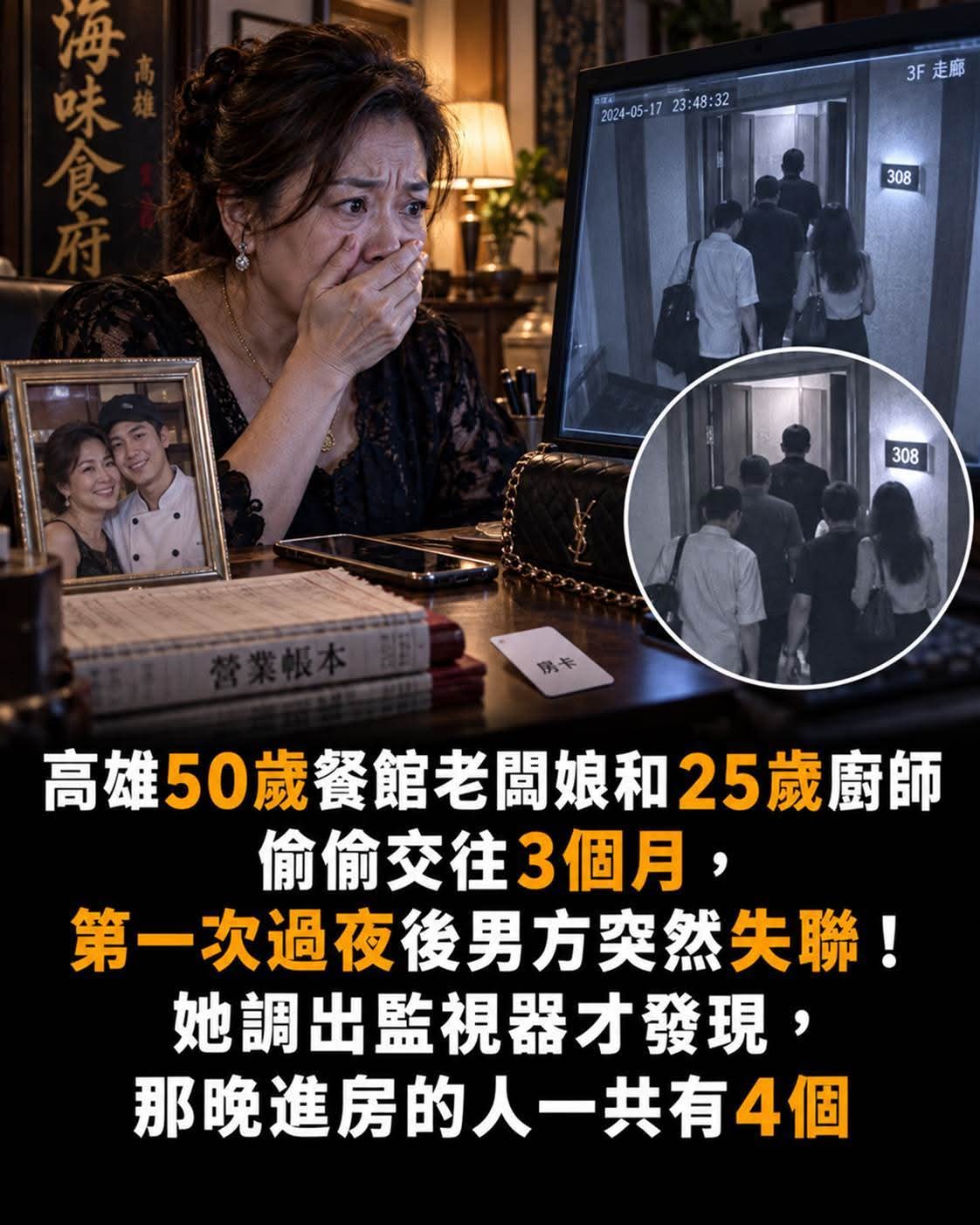 50歲老闆娘和25歲廚師交往3個月,第一次過夜後他突然消失,監視器畫面讓她愣住