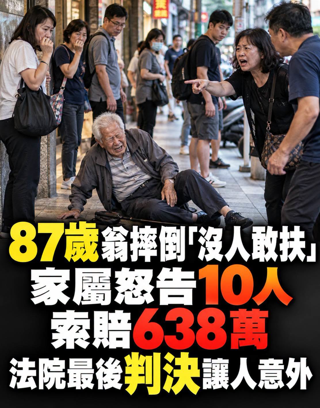87歲翁摔倒無人敢扶，家屬告10人求償638萬，法院判決出爐